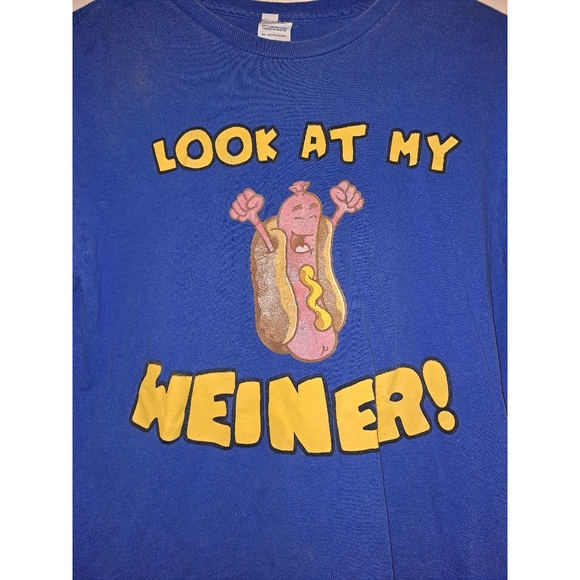 Look at my weiner blue short sleeve shirt size medium funny top unisex hotdog - Picture 3 of 12